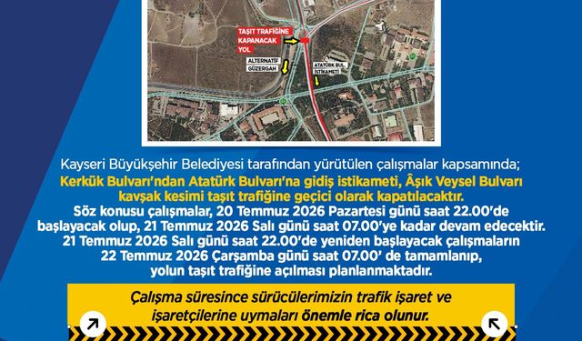 Kayseri’de O Bulvar Geçici Olarak Trafiğe Kapatılıyor! İşte Kapanış Saatleri
