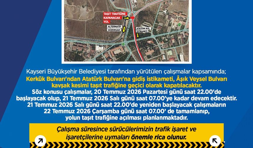 Kayseri’de O Bulvar Geçici Olarak Trafiğe Kapatılıyor! İşte Kapanış Saatleri