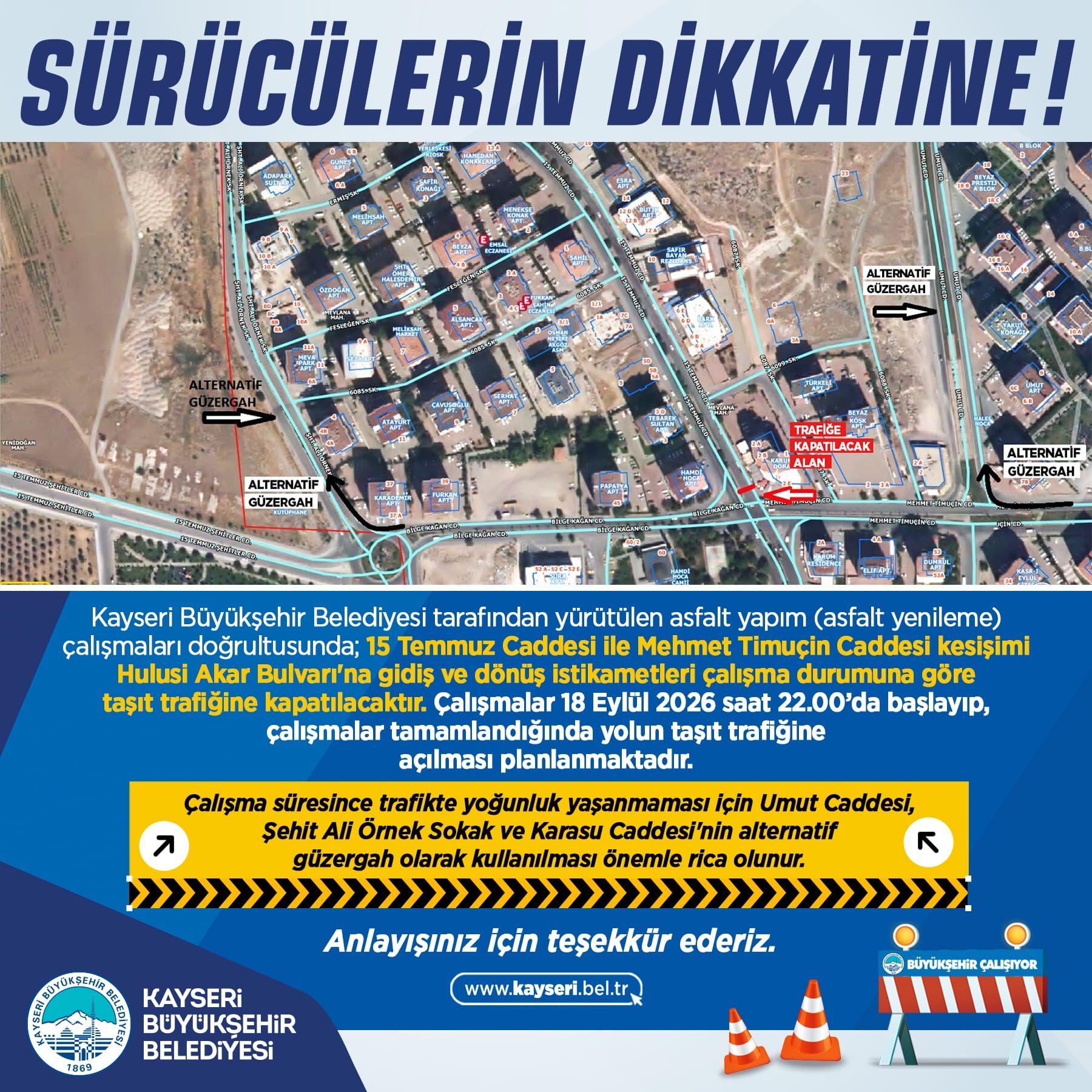 Dikkat! Hulusi Akar Bulvarı'nın bir bölümü asfalt çalışması nedeniyle kapatılıyor